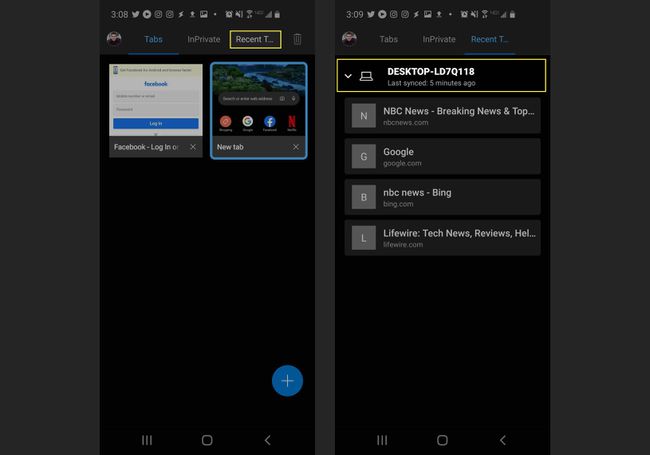 Ver pestañas abiertas en otros dispositivos en Microsoft Edge en Android.