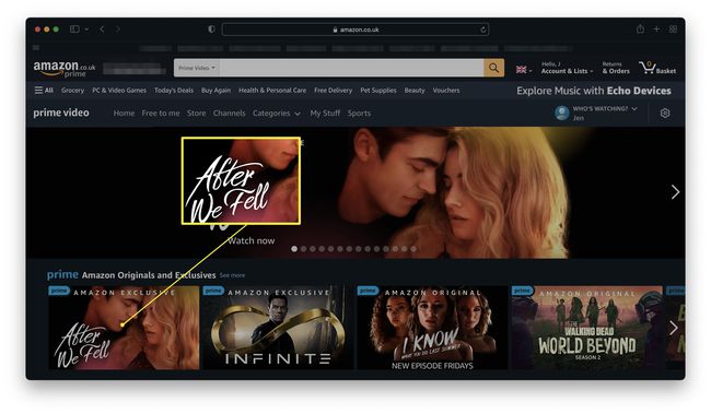 映画がハイライトされたAmazonプライムビデオのウェブサイト