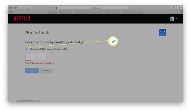 Netflix profillåsdialog med knappen för att aktivera en PIN-kod markerad
