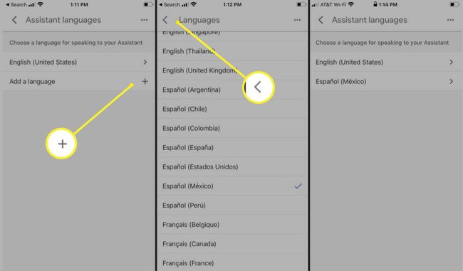 Nastavení Asistenta Google se zvýrazněnou možností Přidat jazyk a šipkou zpět