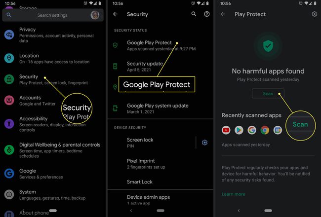Android-käyttäjä käyttää Google Play Protectin asetuksia