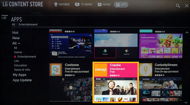 LG Content Store s vybratou aplikáciou Crackle