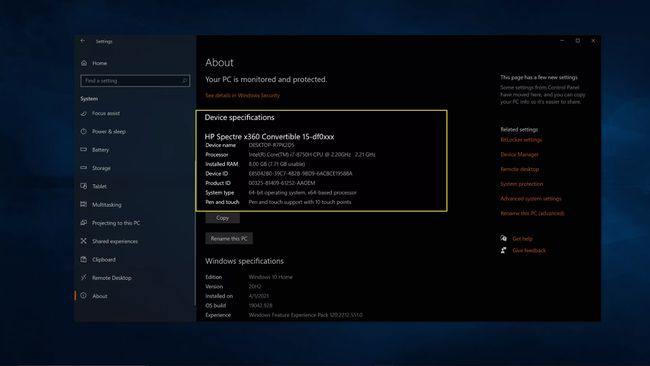Windows PC-rendszer specifikációi.