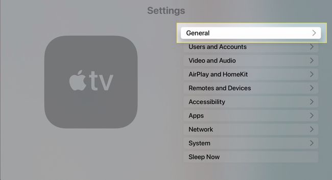 תפריט הגדרות Apple TV עם כללי מודגש