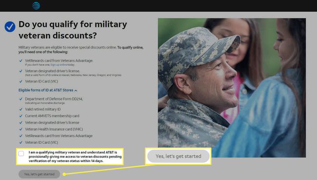 De kortingspagina voor AT&T-veteranen met de knop Ja, laten we beginnen.