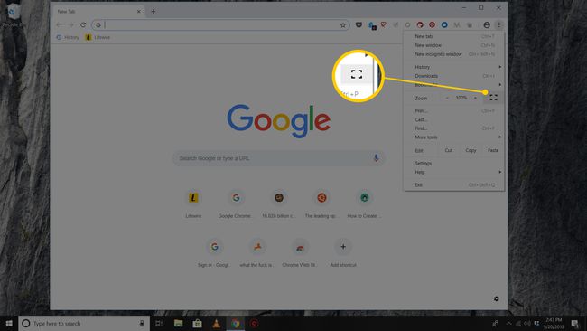 Captura de pantalla del botón de pantalla completa en las opciones de Chrome en Windows 10