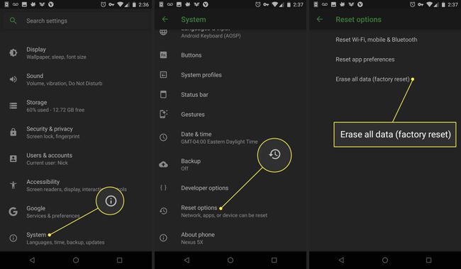 Capturi de ecran ale unui telefon Android cu setările Sistem, Opțiuni de resetare și Ștergere toate datele evidențiate