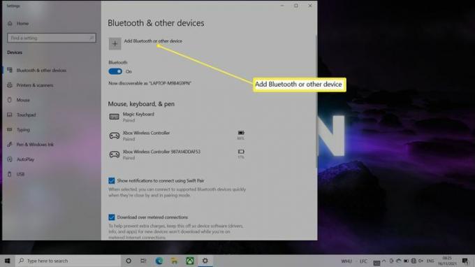 Bluetooth postavke u sustavu Windows 10 s označenim Dodaj Bluetooth ili drugi uređaj