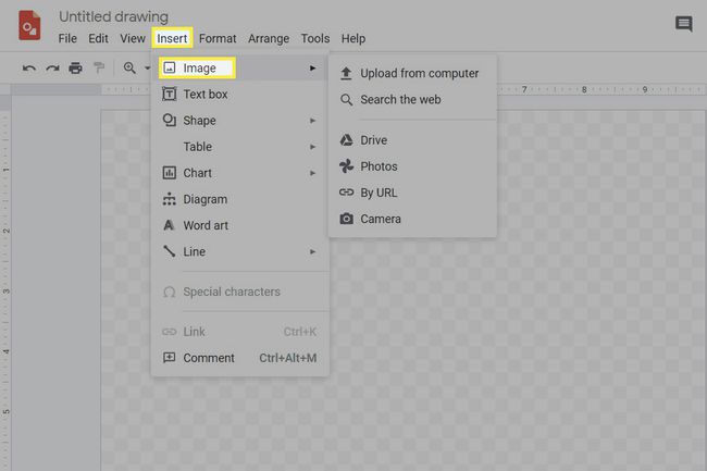 O menu de inserção de imagem no Desenhos Google.
