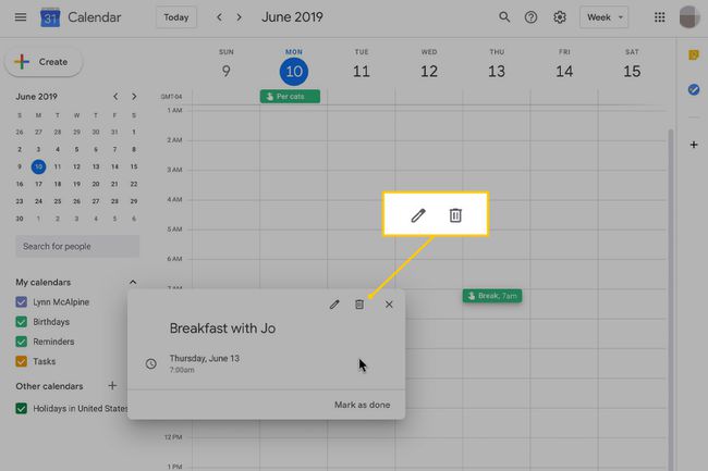 Ícone Editar ou Lixeira em lembretes do Google via calendário