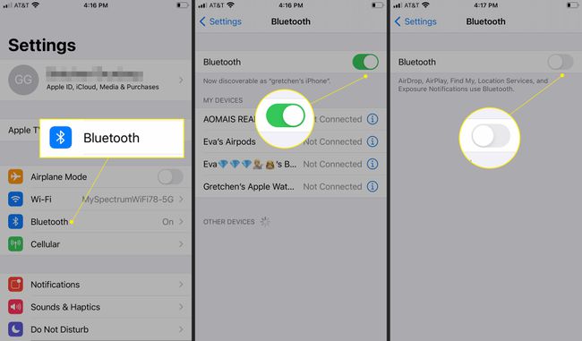 إعدادات iPhone مع تمييز Bluetooth ، جنبًا إلى جنب مع شريط التمرير " ongreen" و " offwhite"