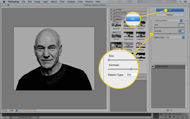 De instellingen voor het halftoonpatroon in Photoshop op een Mac