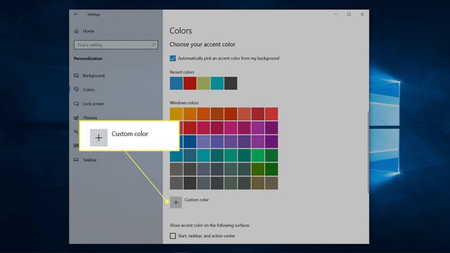 Windows 색상 설정에서 강조 표시된 사용자 정의 색상.
