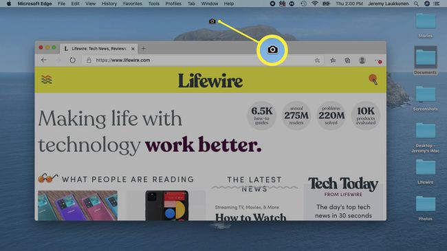 Значок камери виділено, щоб показати, що ви збираєтеся зробити знімок екрана одного вікна на Mac.