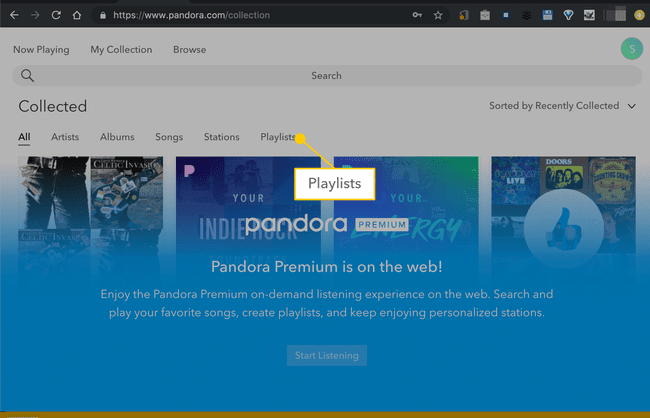 Web'de Pandora'daki çalma listeleri sekmesi