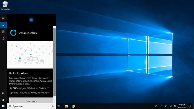 Captură de ecran Windows care arată „Bună ziua! Este Alexa”, confirmând că Cortana și Alexa sunt acum conectate.