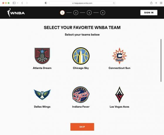 お気に入りの WNBA チームを選択するスクリーンショット