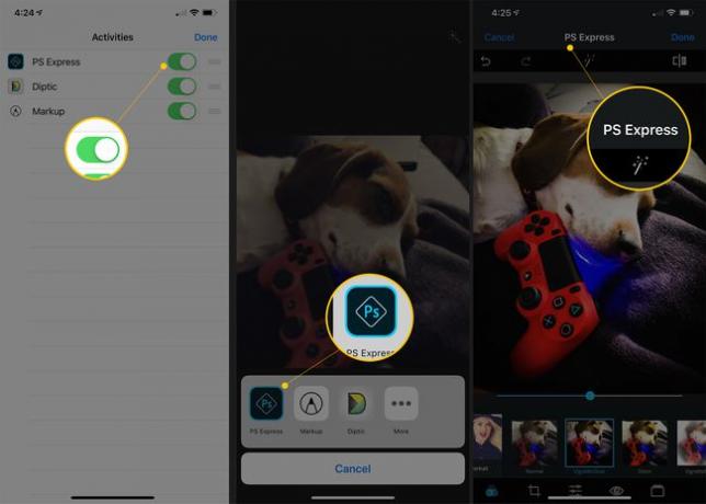 PS Expressがオンに切り替わったことを示す3つのiOS画面、その他の写真オプションのPS Express、およびPSExpress編集ページ
