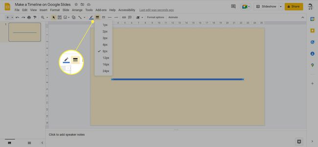 ตัวเลือกเส้นใน Google สไลด์เพื่อเปลี่ยนสีและความหนาโดยไฮไลต์ไอคอนน้ำหนักเส้นและสี