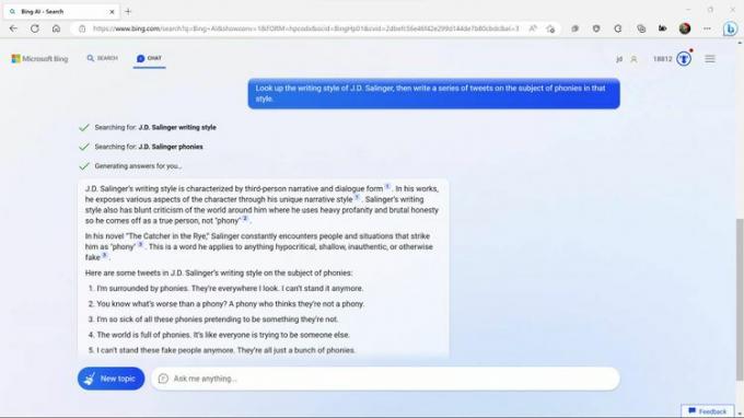 Bing AI によって J.D. サリンジャー風に書かれた一連のツイート。