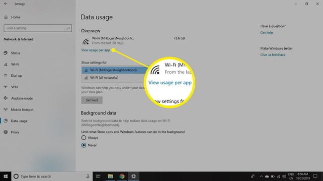 Nyní se zobrazí přehled vašeho využití Wi-Fi a Ethernetu včetně celkového množství dat (MB nebo GB) využitých v každé síti za posledních 30 dní.