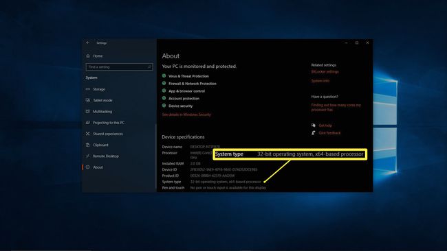 Windows 10'daki Hakkında ekranının ekran görüntüsü.