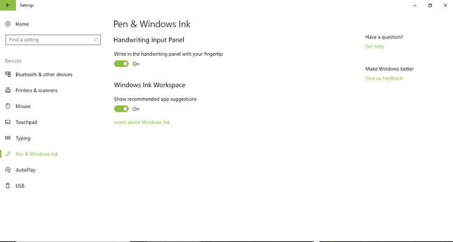 Екранна снимка на приложението Настройки на Windows с отворени опции за писалка и мастило.