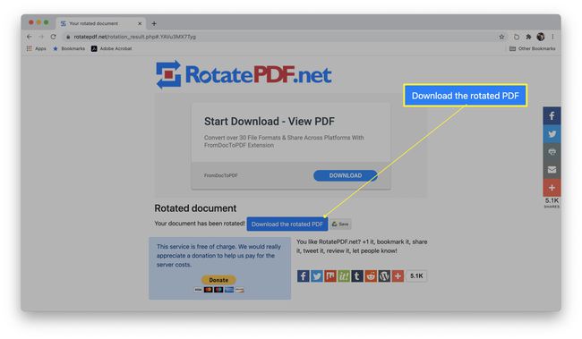 Web RotatePDF se zvýrazněným tlačítkem Stáhnout otočený PDF