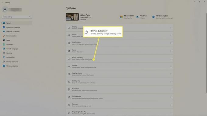 Strøm og batteri er uthevet i systeminnstillingene for Windows 11