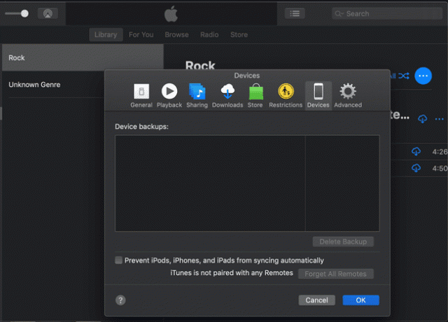 captura de tela das preferências de dispositivos do iTunes no macOS
