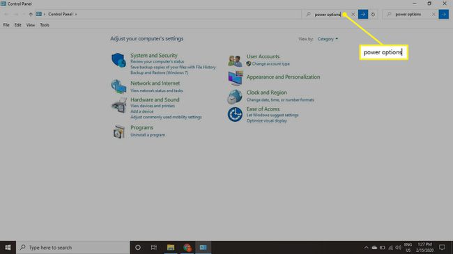 Panneau de configuration Windows avec options d'alimentation dans le champ de recherche