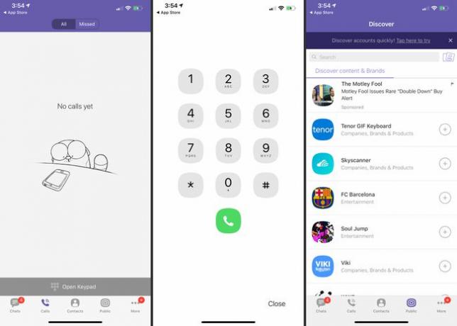 Anrufverlauf, Anruftastatur und Registerkarten zum Entdecken in der Viber-App für iOS