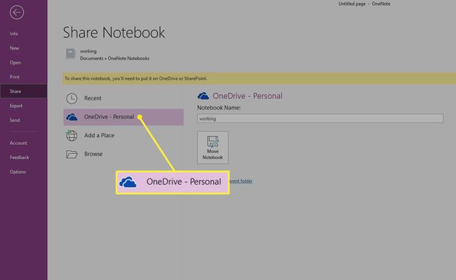 L'écran OneNote Share Notebook avec le compte OneDrive mis en surbrillance