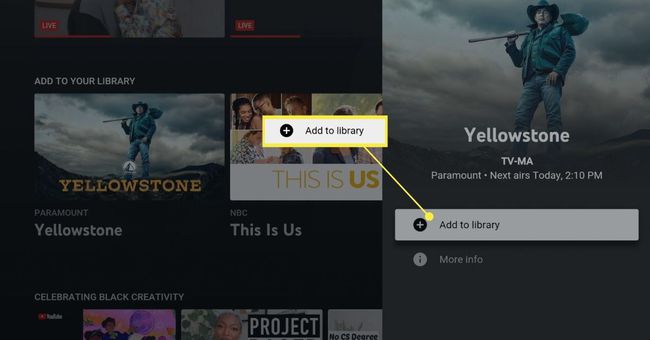 YouTube TV पर लाइब्रेरी में जोड़ें बटन