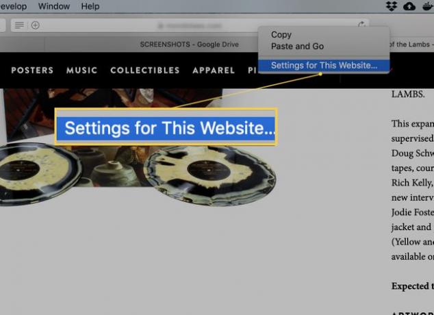 Снимак екрана опције Подешавања за ову веб локацију у падајућој траци за адресу.