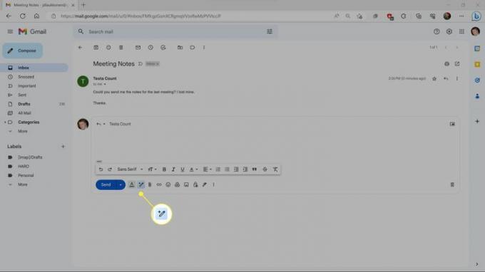 Gmail で強調表示されている Help Me Write ボタン (鉛筆)。