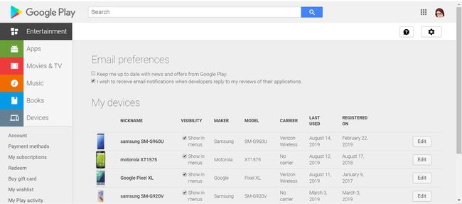„Google Play“ parduotuvės įrenginio matomumo nustatymai.