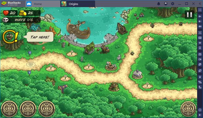 BlueStacks, mis näitab mängu Kingdom Rush Origins ühel vahekaardil ja kuvatakse ka vahekaart Kodu.