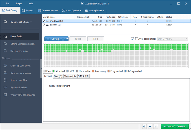 Auslogics Disk Defrag v10 ve Windows 10