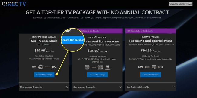 DirecTV Stream-webbplatsen med " Välj ett paket" markerat