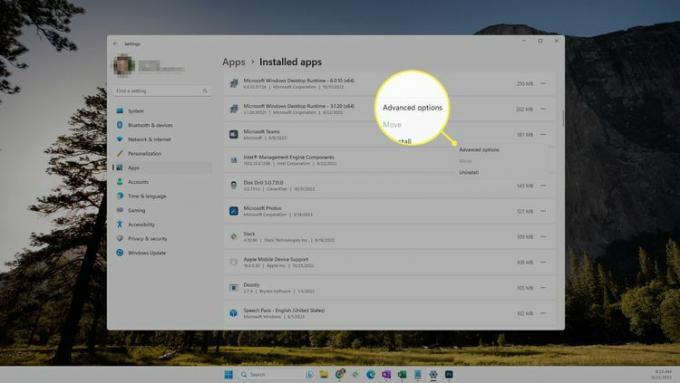 „Напредне опције“ истакнуте у области Инсталиране апликације у подешавањима оперативног система Виндовс 11.