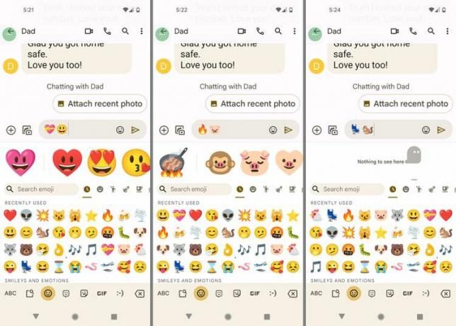 Emoji inimă zâmbitoare, emoji Bacon și Nimic de văzut aici evidențiate pe tastatura Android GBoard