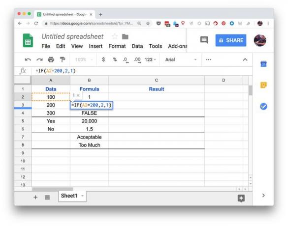 ภาพหน้าจอของหน้าต่าง Google ชีตที่แสดง IF(A2200,2,1)