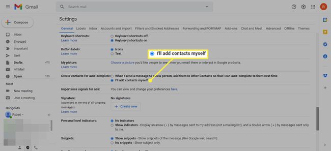 Eu mesmo adicionarei contatos nas configurações do Gmail