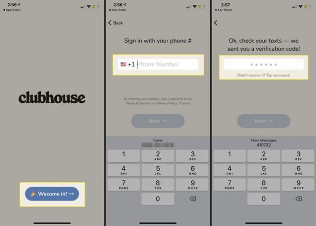 Приложение Clubhouse с подчертани полета за добре дошли, поле за телефонен номер и поле за проверка на текст