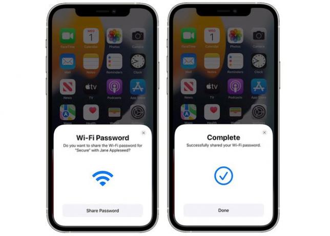 Capturas de pantalla de cómo aparece cuando comparte su contraseña de Wi-Fi con otro usuario de iPhone.