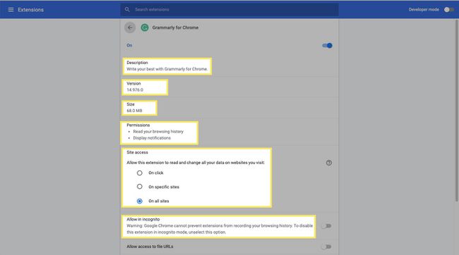 Verá información y opciones para esa extensión, incluido su número de versión, permisos, acceso al sitio y más.