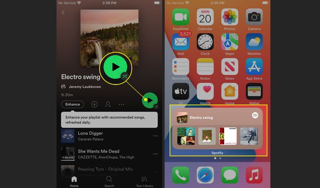 Το κουμπί Αναπαραγωγή που επισημαίνεται στο Spotify και το γραφικό στοιχείο Spotify που παίζει μουσική σε ένα iPhone.