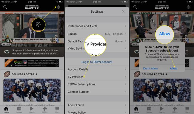 แอป ESPN ที่ไฮไลต์การตั้งค่า ผู้ให้บริการทีวี และอนุญาตไว้