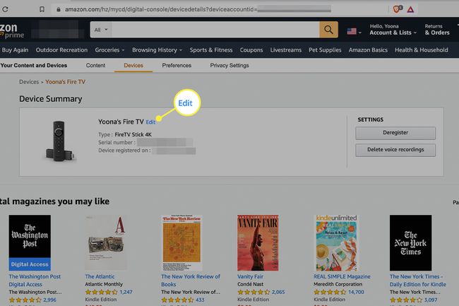 계정 소유자의 Amazon 계정에 있는 Fire TV Stick 장치 요약 화면에서 강조 표시된 편집 옵션.